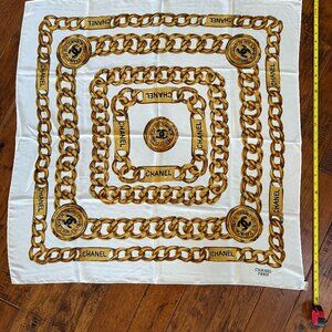 Authentic Classic CHANEL silk scarf with White & gold chain